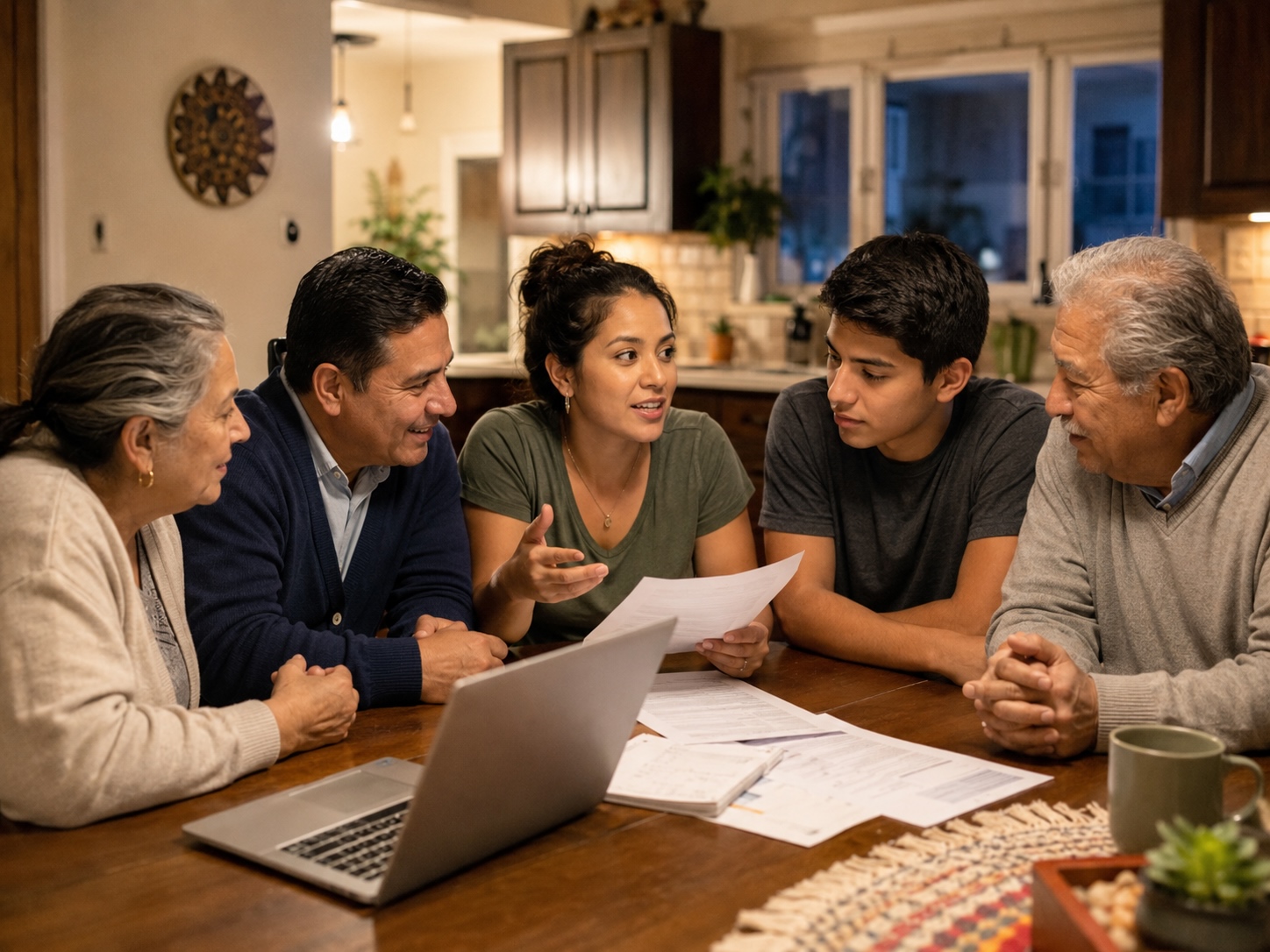 Familia latina multigeneracional teniendo una conversación financiera abierta alrededor de la mesa de la cocina