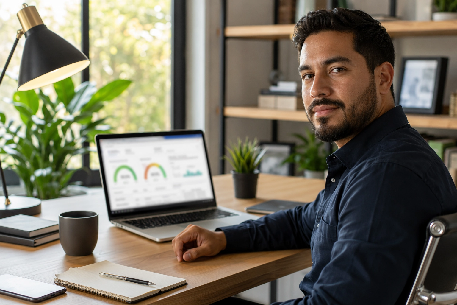 Emprendedor usando el panel del software Business Credit Finance Suite para monitorear el Puntaje Fundability y las coincidencias con proveedores