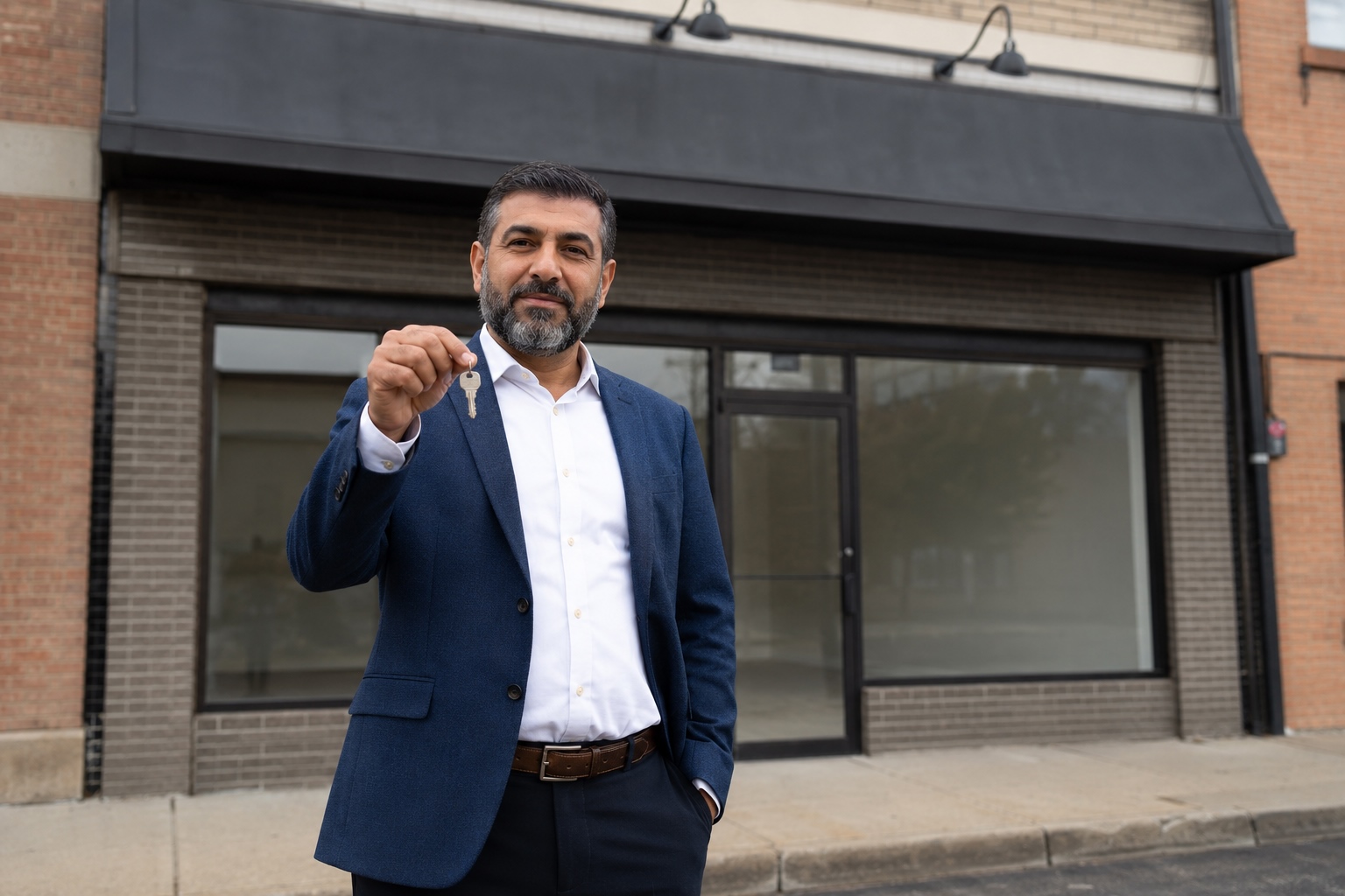 Dueño de negocio con llaves frente a una propiedad comercial
