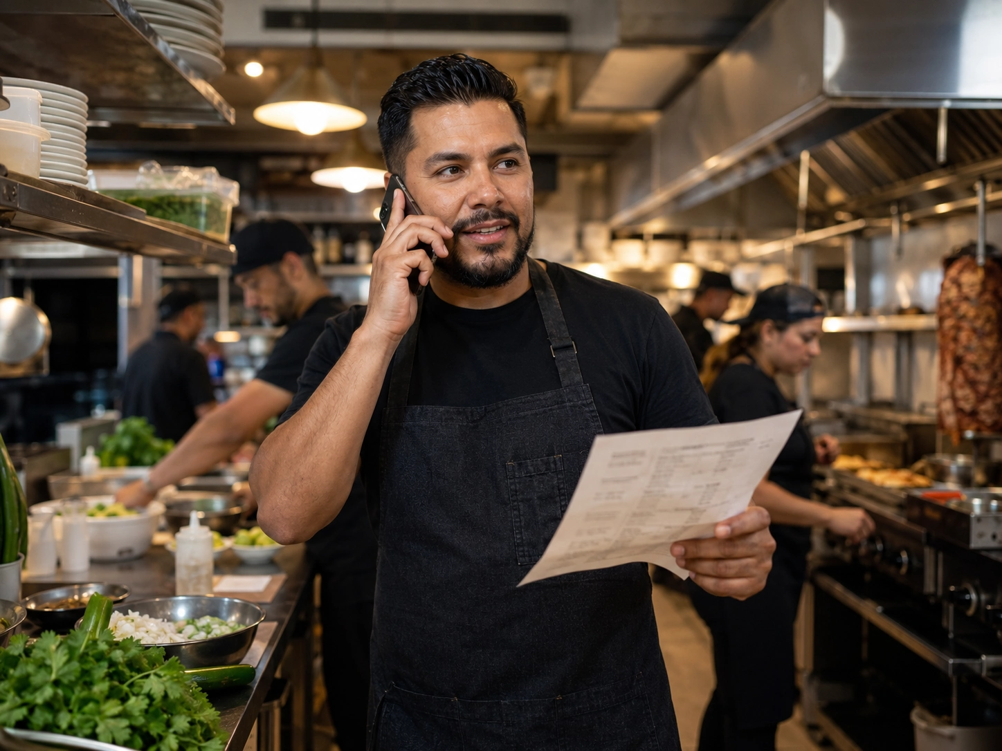Dueño de un restaurante que puede costear las operaciones diarias, representando cómo el adelanto de efectivo empresarial de Mesa Financiera mantiene los negocios en marcha