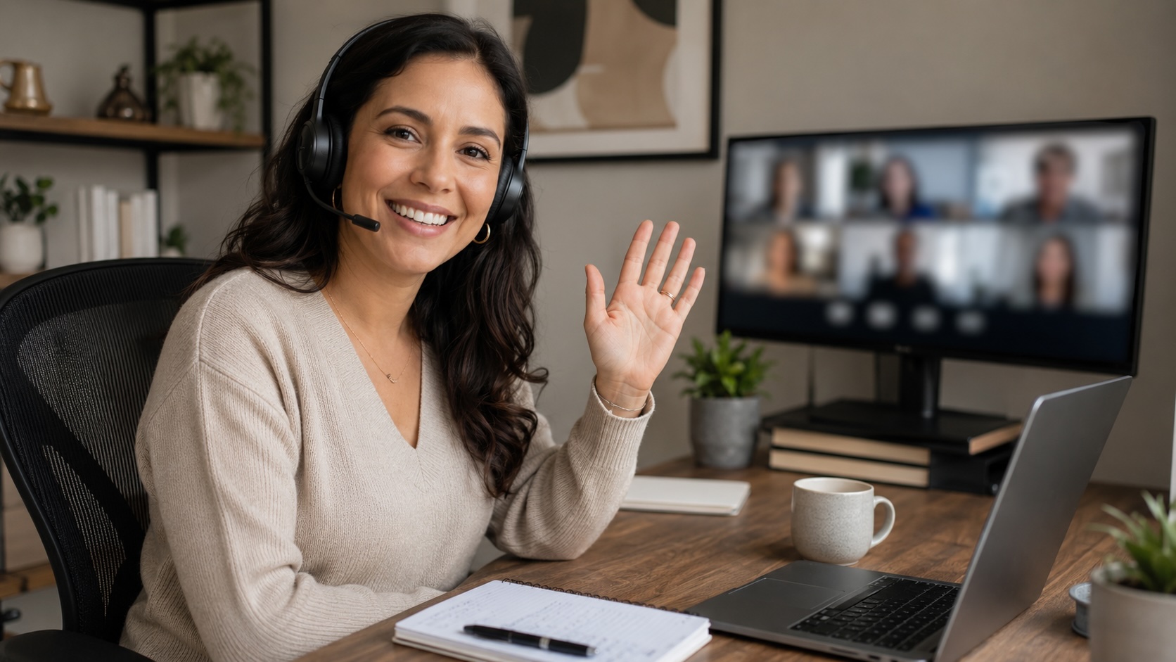 Asesor financiero dirigiendo una llamada de asesoría en línea semanal desde una oficina en casa con Mesa Group Consulting