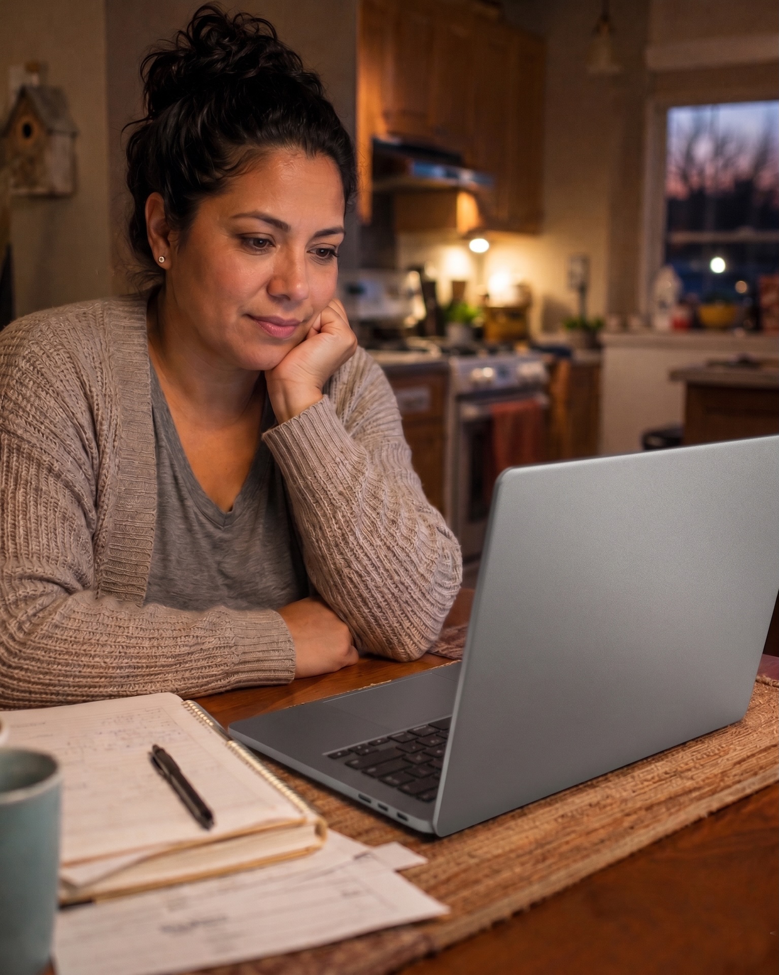 Madre hispana revisando sus finanzas en una laptop en la mesa de la cocina con cálida luz nocturna