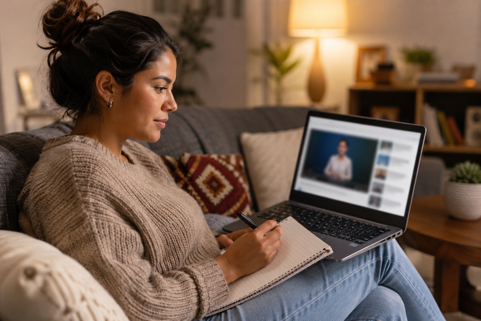 Mujer latina viendo un curso de educación financiera en una laptop en casa con Comunidad Mesa Financiera