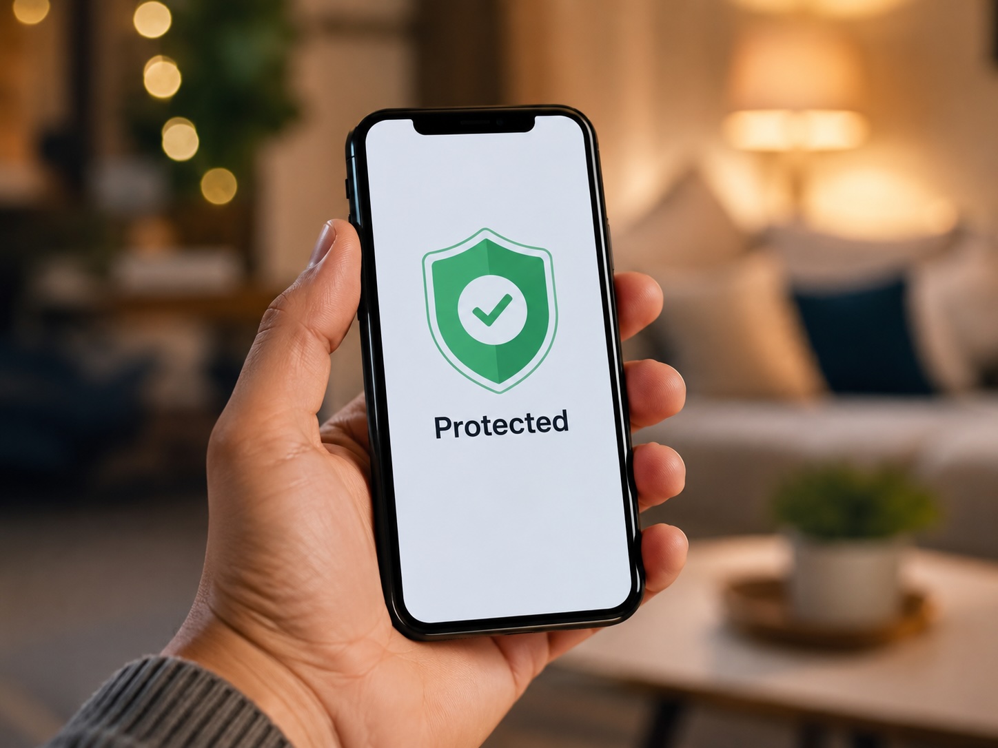Teléfono inteligente mostrando protección contra el robo de identidad con un escudo de seguridad en pantalla
