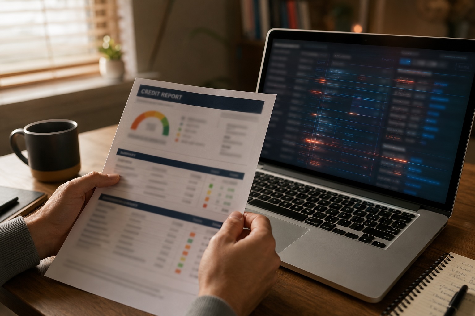 Manos sosteniendo un reporte de crédito junto a una laptop que muestra un análisis profundo de datos — inteligencia artificial buscando errores disputables