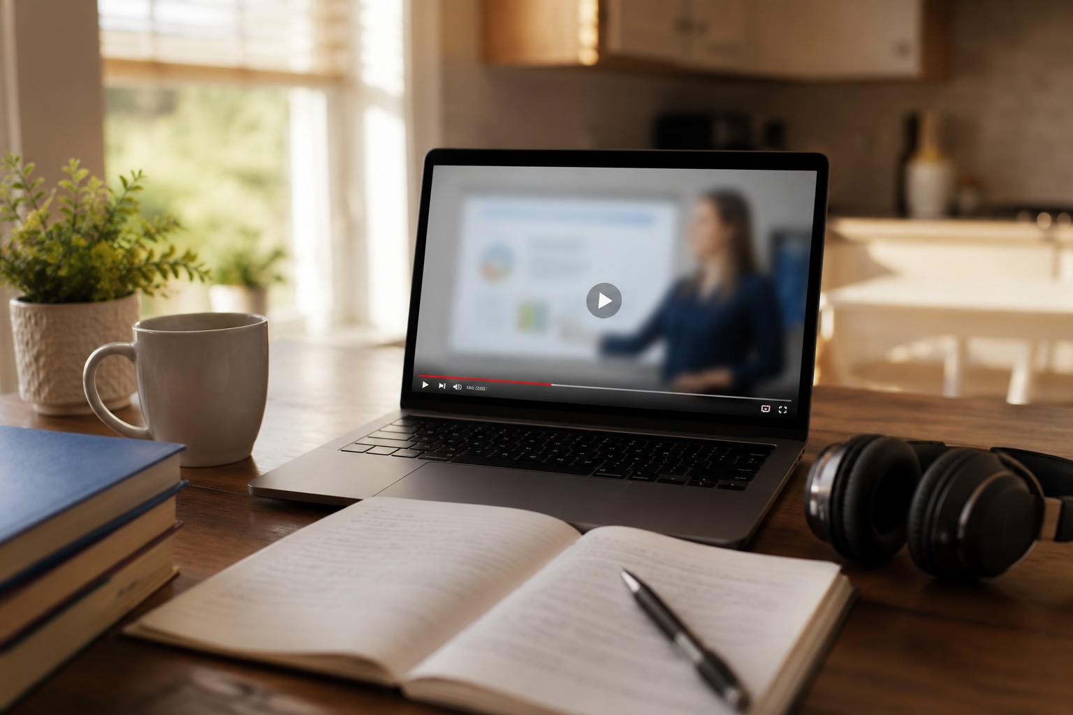 Laptop reproduciendo un video de educación financiera con un cuaderno y audífonos — aprendizaje integrado en la plataforma