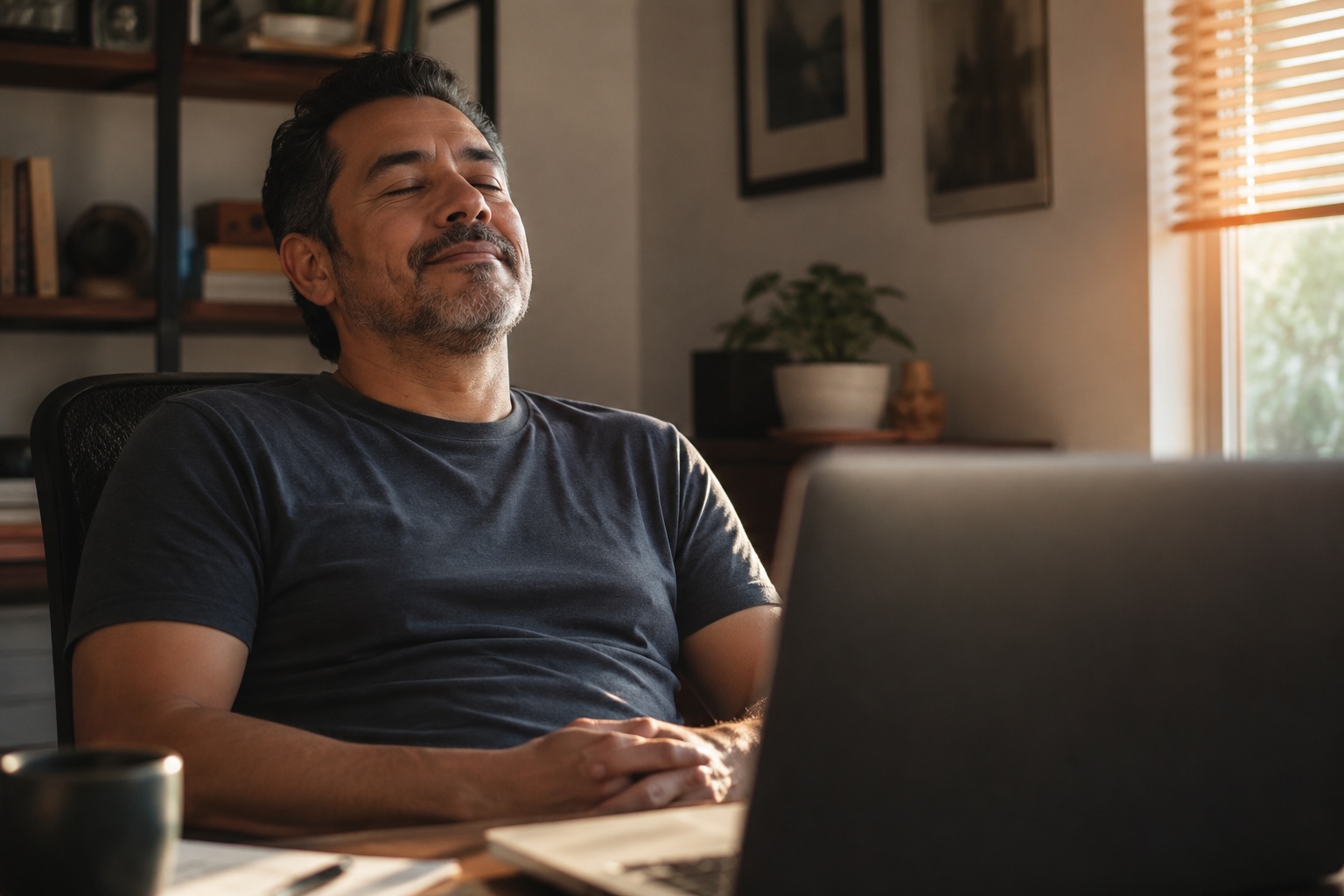 Hombre reclinándose en su escritorio, exhalando con alivio tras la aprobación de crédito — resolución emocional del progreso en la restauración de crédito