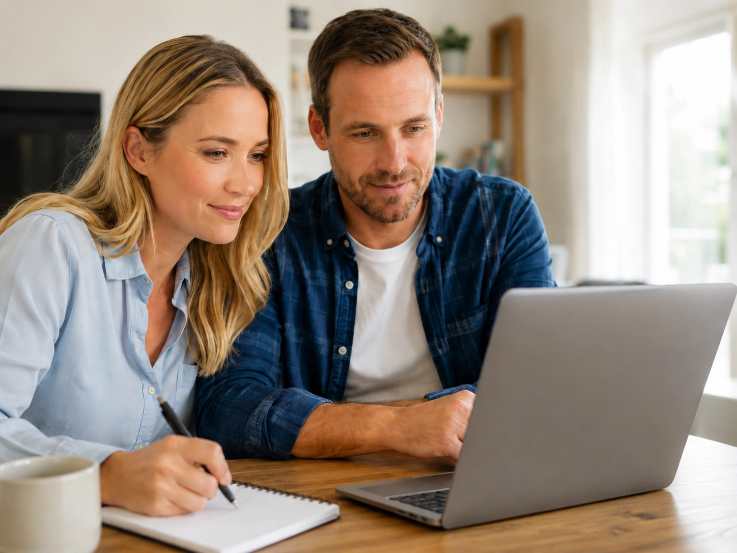 Pareja comparando opciones de préstamos personalizadas juntos con el mercado de préstamos de Mesa Financiera