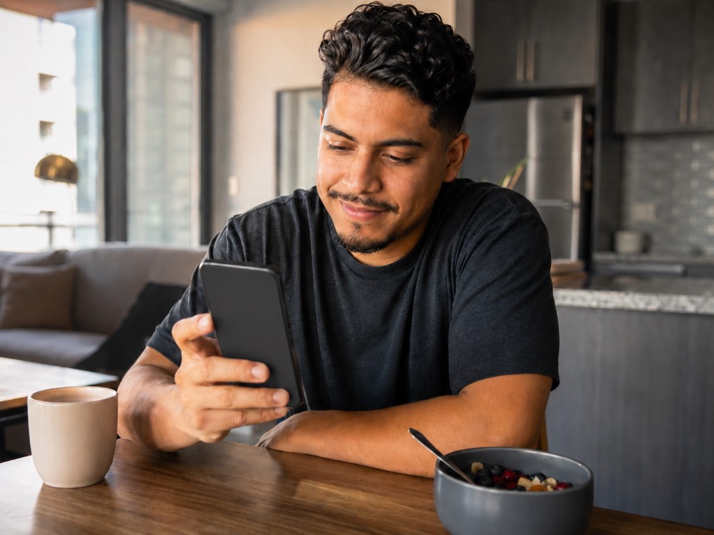 Adulto joven revisando sus finanzas en su teléfono en casa