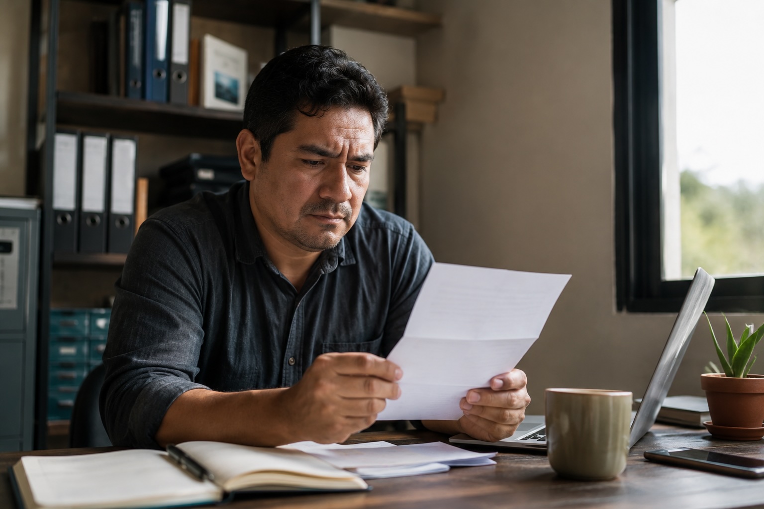 Dueño de un pequeño negocio latino revisando una carta de rechazo de préstamo en su escritorio, en busca de mejores opciones de financiamiento
